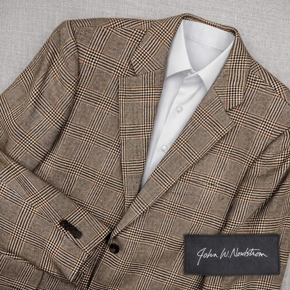 John W Nordstrom Cashmere Glen Plaid Blazer Sport Coat Men 40R Brown Luxury